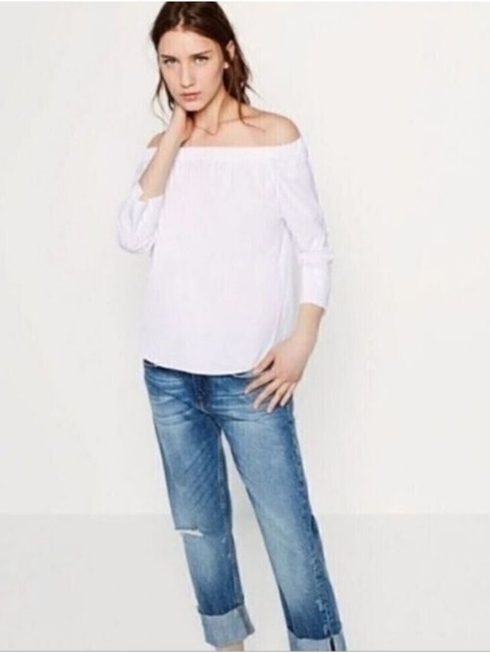 Zara Off The Shoulder White Cotton Blend Poplin Shirt 3/4 Sleeve Size Medium